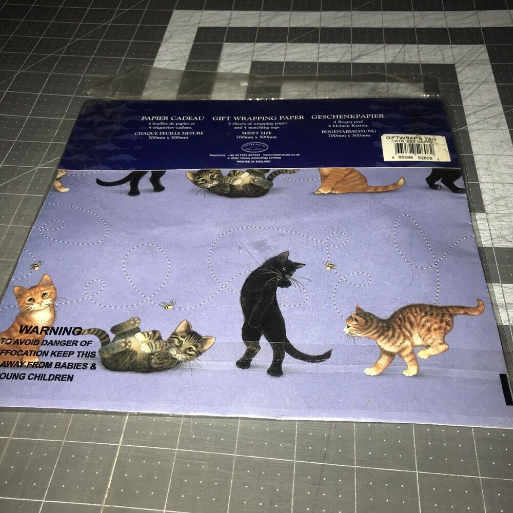 VTG Otter House Blue Cats Bee Happy Collection Gift Wrap Paper &Tags NOS - Picture 3 of 5
